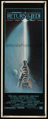 4e445 RETURN OF THE JEDI insert '83 Lucas classic, Mark Hamill, Harrison Ford, light saber artwork!
