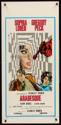4e557 ARABESQUE Italian locandina R70s Gregory Peck, sexy Sophia Loren, different Cesselon art!