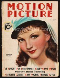 4f105 MOTION PICTURE magazine June 1936 great artwork of Claudette Colbert by Charles Sheldon!