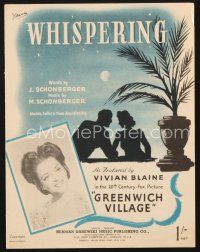 4f176 GREENWICH VILLAGE English sheet music '44 pretty Vivian Blaine, Whispering!