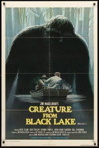 4g191 CREATURE FROM BLACK LAKE 1sh '76 cool art of monster looming over guys in boat by McQuarrie!