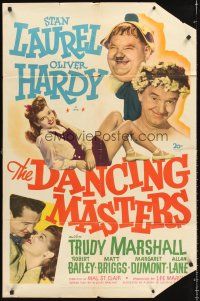 4g201 DANCING MASTERS 1sh '43 wacky art of Stan Laurel & Oliver Hardy, pretty Trudy Marshall!