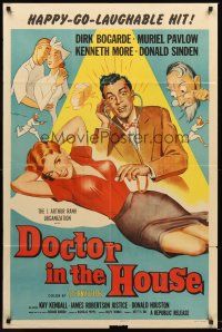4g233 DOCTOR IN THE HOUSE 1sh '55 great art of Dr. Dirk Bogarde examining super sexy babe!