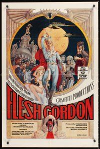 4g317 FLESH GORDON 1sh '74 sexy sci-fi spoof, wacky erotic super hero art by George Barr!