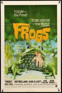 4g346 FROGS 1sh '72 great horror art of man-eating amphibian with human hand hanging from mouth!