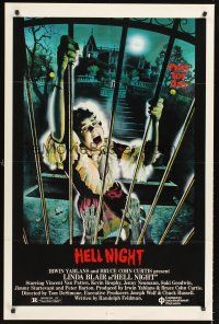 4g414 HELL NIGHT 1sh '81 artwork of Linda Blair trying to escape haunted house by Jarvis!