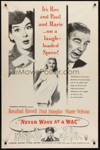4g659 NEVER WAVE AT A WAC military 1sh '53 Paul Douglas, sexy Rosalind Russell & Marie Wilson!
