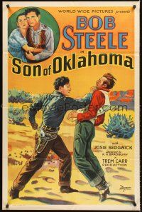 4g832 SON OF OKLAHOMA 1sh '32 great stone litho art of Bob Steele punching out bad guy!