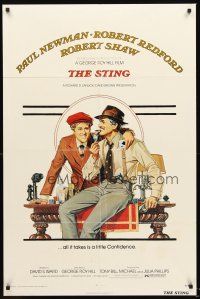 4g852 STING 1sh '74 best artwork of con men Paul Newman & Robert Redford by Richard Amsel!