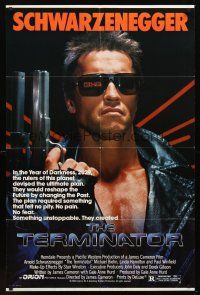 4g885 TERMINATOR 1sh '84 super close up of most classic cyborg Arnold Schwarzenegger with gun!