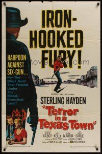 4g887 TERROR IN A TEXAS TOWN 1sh '58 great artwork of Sterling Hayden holding huge harpoon!