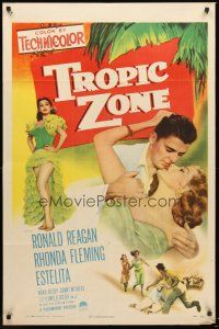 4g930 TROPIC ZONE 1sh '53 great art of Ronald Reagan romancing Rhonda Fleming, plus sexy Estelita!
