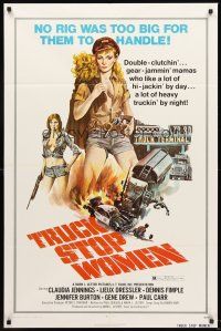 4g931 TRUCK STOP WOMEN 1sh '74 no rig was too big for sexy Claudia Jennings, Smith art!