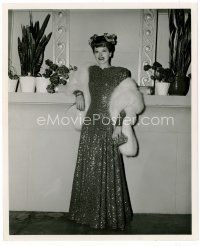 4h406 LUCILLE BALL 8x10 still '44 full-length in fancy gown & fur on her way to see Dragon Seed!