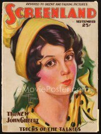 4j077 SCREENLAND magazine September 1929 art of Sue Carol by Georgia Warren. Greta Garbo speaks!