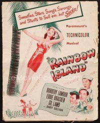 4j300 RAINBOW ISLAND pressbook '44 art of super sexy Dorothy Lamour wearing sarong by palm tree!