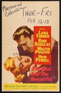 4k147 BAD & THE BEAUTIFUL WC '53 great c/u art of Kirk Douglas romancing sexy Lana Turner!