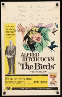 4k172 BIRDS WC '63 Alfred Hitchcock classic horror, art of Tippi Hedren attacked by birds!