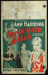 4k302 HER PRIVATE AFFAIR WC '29 artwork of sexy Ann Harding in courtroom charged with adultery!