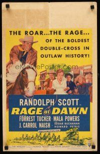4k431 RAGE AT DAWN WC '55 cool artwork of outlaw hunter Randolph Scott on horseback!