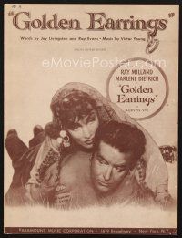 4p222 GOLDEN EARRINGS sheet music '47 sexy gypsy Marlene Dietrich & Ray Milland, Golden Earrings!
