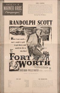 4p321 FORT WORTH pressbook '51 Randolph Scott in Texas, the Lone Star State was split wide open!