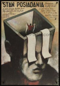 4r108 INVENTORY Polish 27x38 '89 wild abstract art of man with toilet-paper eyes by Pagowski!