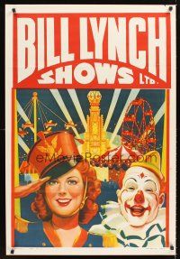 4s213 BILL LYNCH SHOWS circus poster '40s cool art of pretty woman & clown!