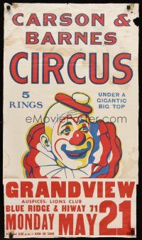 4s217 CARSON & BARNES CIRCUS circus poster '50s wacky art of creepy clown!