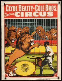 4s222 CLYDE BEATTY-COLE BROS COMBINED CIRCUS circus poster '58 art of Lion attacking trainer!