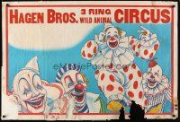4s226 HAGEN BROS. 3 RING WILD ANIMAL CIRCUS circus poster '40s art of happy clowns!