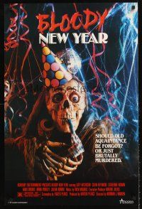 4s375 BLOODY NEW YEAR special 23x34 '87 wild horror image of skeleton w/party favors!