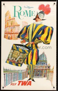 4s108 ROME FLY TWA travel poster '60s David Klein art of colorful soldier!
