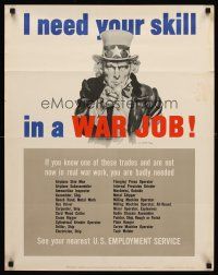 4s129 I NEED YOUR SKILL IN A WAR JOB war poster '43 WWII, Uncle Sam needs your skills!