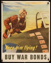 4s130 KEEP HIM FLYING war poster '43 Schreiber art of pilot strapping into cockpit, WWII!