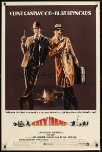4t218 CITY HEAT 1sh '84 art of Clint Eastwood the cop & Burt Reynolds the detective by Fennimore!