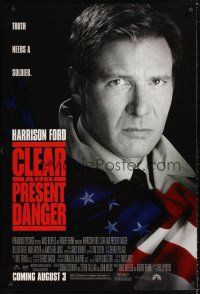 4t034 CLEAR & PRESENT DANGER advance 1sh '94 great portrait of Harrison Ford and American flag!