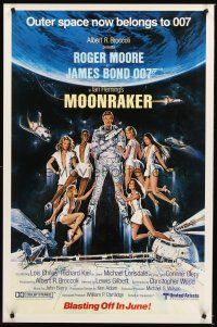 4t319 MOONRAKER advance 1sh '79 art of Roger Moore as Bond & sexy space babes by Goozee!
