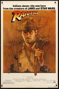 4t342 RAIDERS OF THE LOST ARK 1sh '81 great art of adventurer Harrison Ford by Richard Amsel!