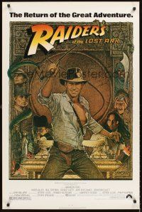 4t343 RAIDERS OF THE LOST ARK 1sh R80s great art of adventurer Harrison Ford by Richard Amsel!