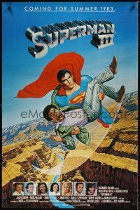 4t373 SUPERMAN III advance 1sh '83 art of Christopher Reeve flying with Richard Pryor by L. Salk!