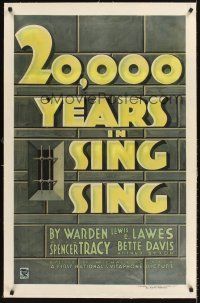 4w227 20,000 YEARS IN SING SING linen 1sh '32 great title treatment against New York prison walls!