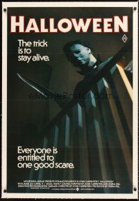 4w085 HALLOWEEN linen Aust 1sh '79 John Carpenter classic, best different image of Michael Myers!