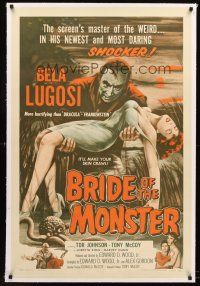 4w249 BRIDE OF THE MONSTER linen 1sh '56 Ed Wood, great art of Bela Lugosi carrying sexy girl!