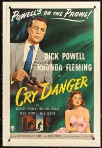 4w265 CRY DANGER linen 1sh '51 great film noir art of Dick Powell loading gun + sexy Rhonda Fleming!