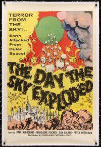4w269 DAY THE SKY EXPLODED linen 1sh '61 terror from the sky, art of Earth attacked from outer space