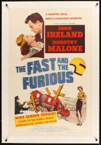 4w286 FAST & THE FURIOUS linen 1sh '54 John Ireland, Dorothy Malone, high speed car racing!