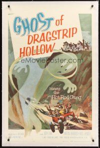 4w299 GHOST OF DRAGSTRIP HOLLOW linen 1sh '59 great Hot Rod Gang & giant ghost artwork image!