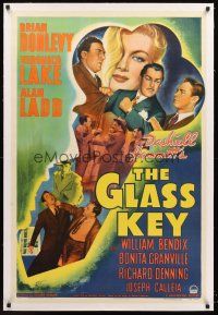 4w302 GLASS KEY linen 1sh '42 incredible artwork of Alan Ladd & sexy Veronica Lake in giant key!