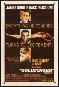 4w304 GOLDFINGER linen 1sh '64 three great images of Sean Connery as James Bond 007!